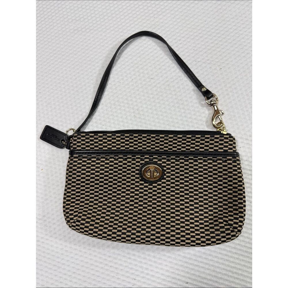 Coach Black & Beige Checker Woven Wristlet